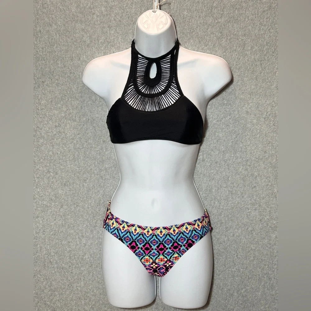 Low Rise Bikini Set Black High Neck‎ Macrame Tribal xsmall / small